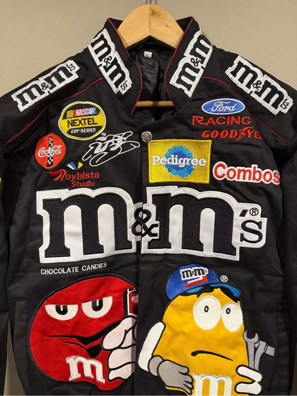 M&M'S inspired Black Bomber Nascar denim Jacket w Character Patches image 2